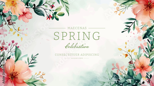 Vector watercolor banner with beautiful flowers framed for spring celebration #733614043