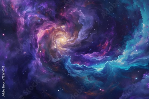 Abstract interpretation of a galaxy, blending swirling purples, blues, and stars to convey the vastness of space.