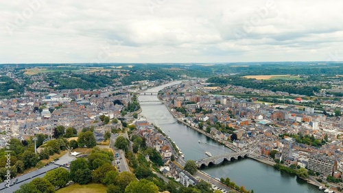 Fototapeta Naklejka Na Ścianę i Meble -  Namur, Belgium. Panorama of the central part of the city. River Meuse. Summer day, Aerial View