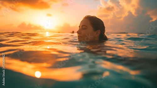 Young Woman Swimming in the ocean at Sunrise