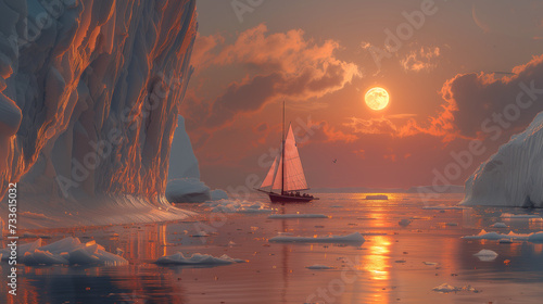 Sailboat cruising among massive icebergs during dusk. Disko Bay, Greenland, sailing boat in front of a full moon with white ice  photo