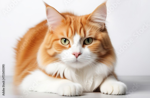 Pretty fluffy cat sitting up facing front. Looking at camera with green eyes. Isolated on a white background. Portrait of ginger tabby cat. Beautiful cute orange striped cat close up. Banner design © Marina Demidiuk