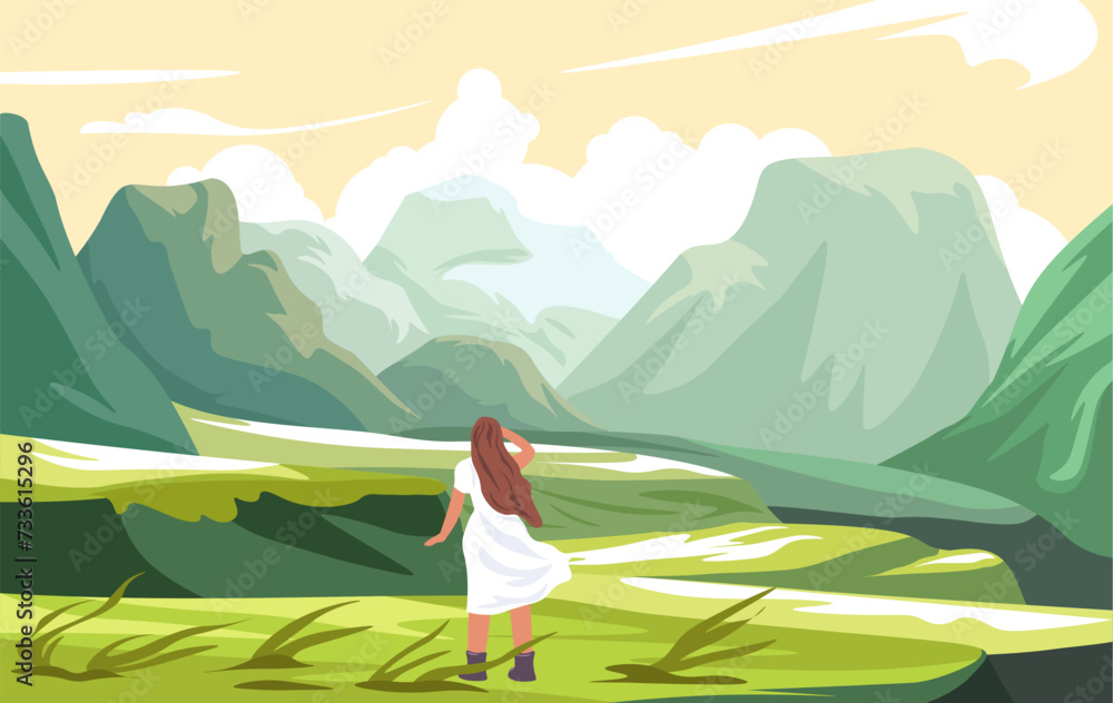 Woman traveling to mountains, landscape views