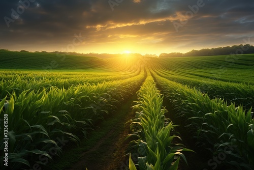 Green corn field in farm garden and shining light at sunrise