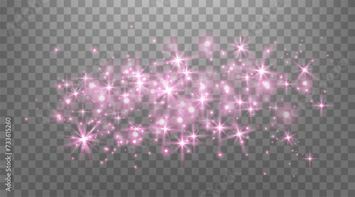 Glittering particles, pink stars magic sparks. Glow flare light effect. Pink luminous points. Vector particles on transparent background.