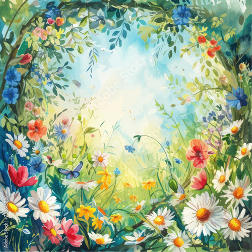 Rural spring landscape with a river and green meadows. Vector watercolor illustration.