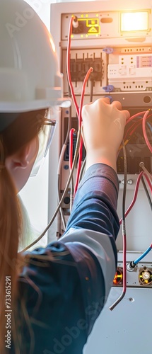 An electrician connects electrical wires. A girl electrical engineer works with electrical wiring at an enterprise.