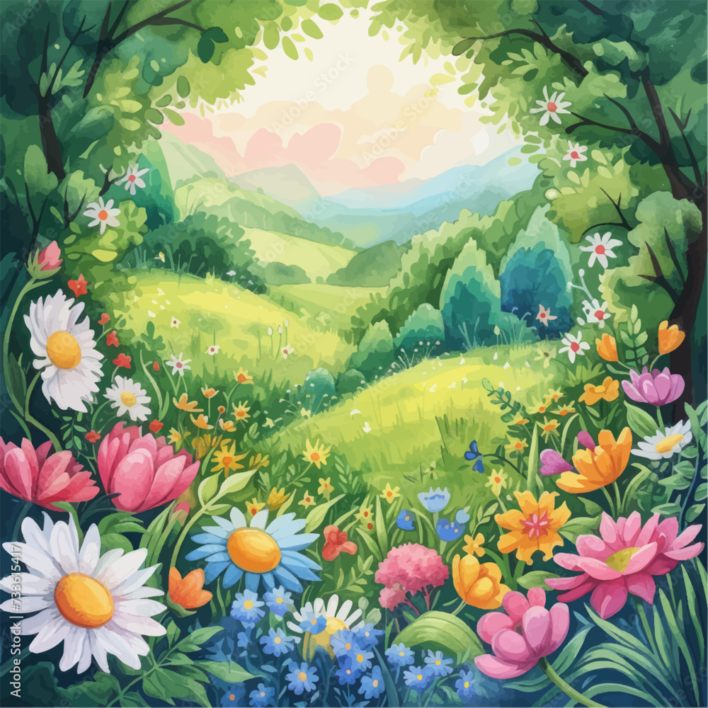 Rural spring landscape with a river and green meadows. Vector watercolor illustration.