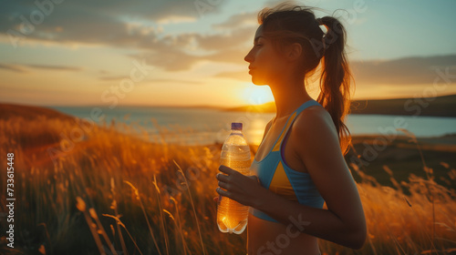 Drinking water, women after sports run and training in nature. Workout, hiking, and walking challenge with a bottle of water, sweating girl drinking water after sport 