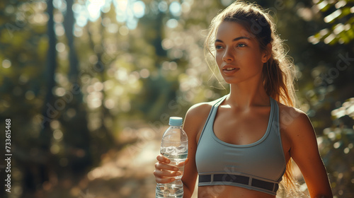 Drinking water, women after sports run and training in nature. Workout, hiking, and walking challenge with a bottle of water, sweating girl drinking water after sport 