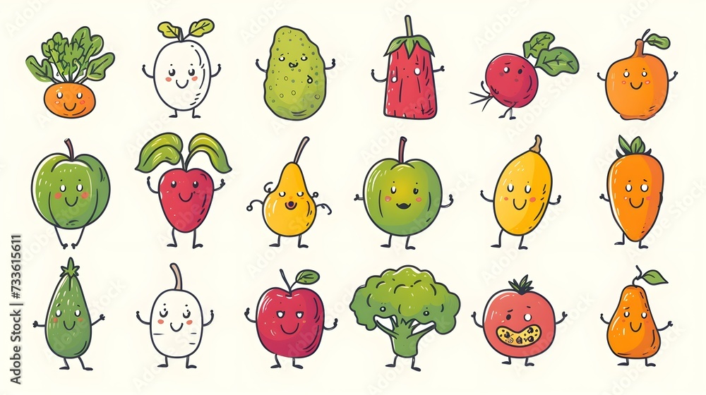 Vegetables and fruits in a new light as funny, stylized sketch cartoon characters. This playful collection of icons adds a dash of humor to your culinary palette Vegetables and fruits in a new light as funny, stylized sketch cartoon characters. This playful collection of icons adds a dash of humor to your culinary palette