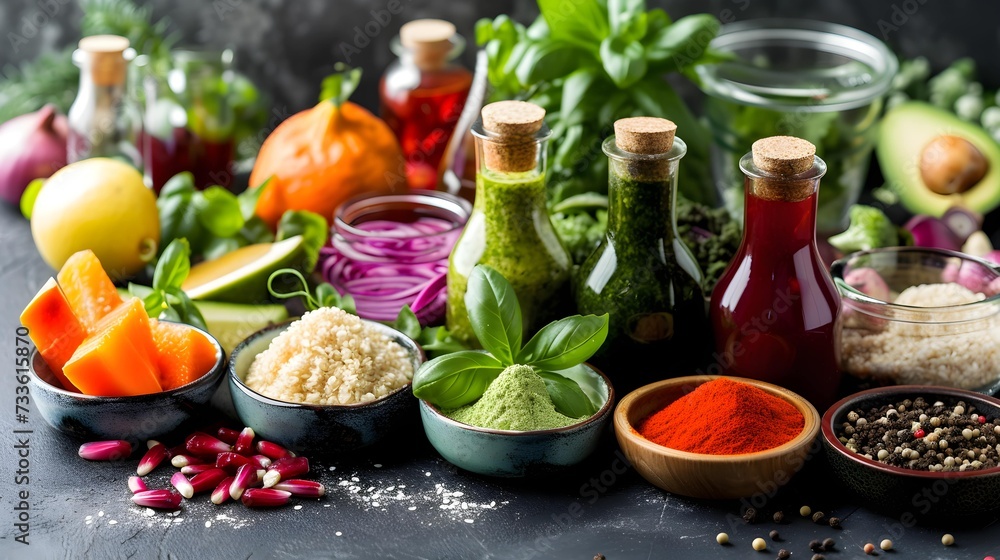 Various colourful fresh raw ingredients and already blended mix in a bottles for individual consumption are on the kitchen table surface Various colourful fresh raw ingredients and already blended mix in a bottles for individual consumption are on the kitchen table surface