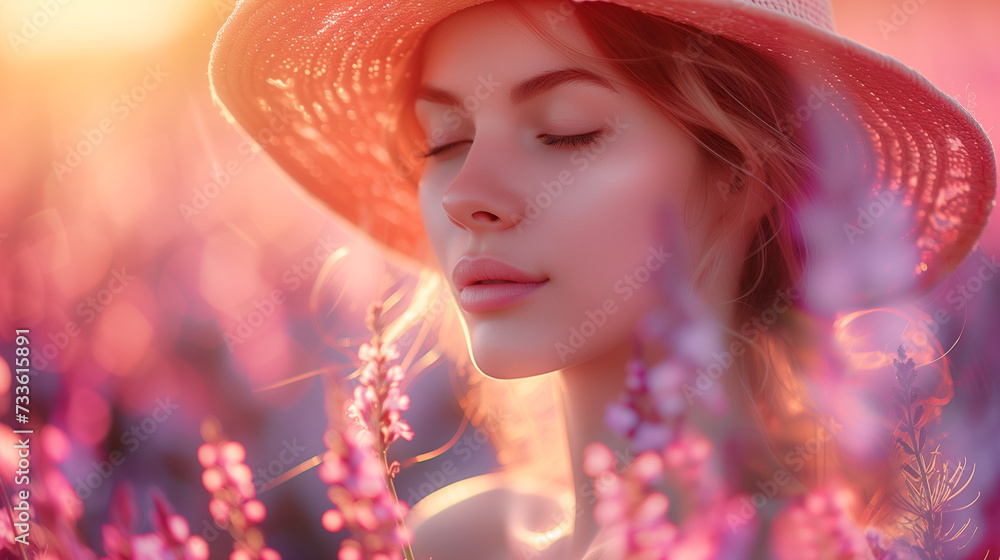 portrait of a woman in a hat with flowers,  International Women's Day background with copy space, Women's day holiday