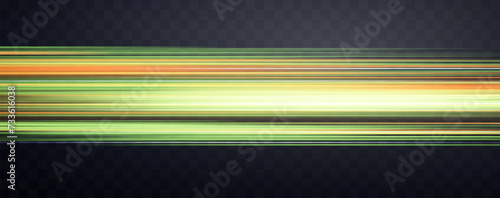 Speed rays, velocity light neon flow, zoom in motion effect, green glow speed lines, colorful light trails, stripes. Abstract background, vector illustration.