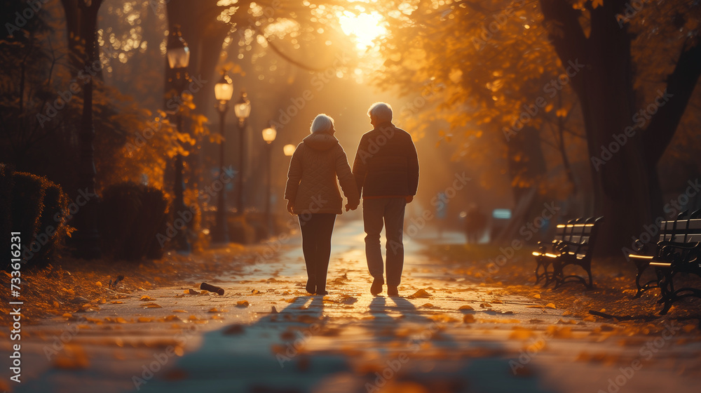 elderly old men and woman walking in the park, happy senior couple going for a walk in the park, pension retired couple - obrazy, fototapety, plakaty 