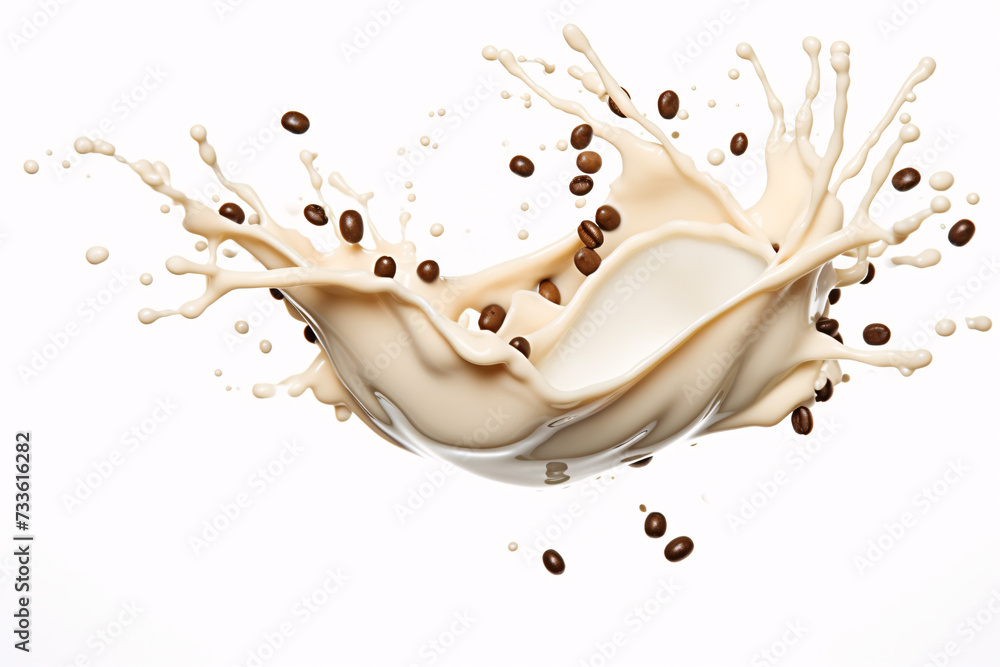 Milk splash with coffee beans in front of white background Milk splash with coffee beans in front of white background