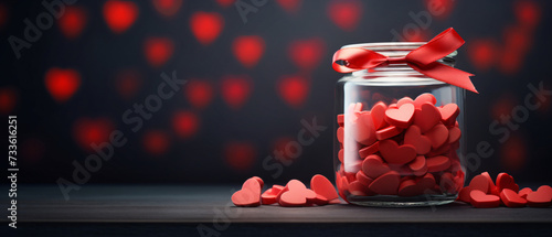 A glass jar full of red hearts