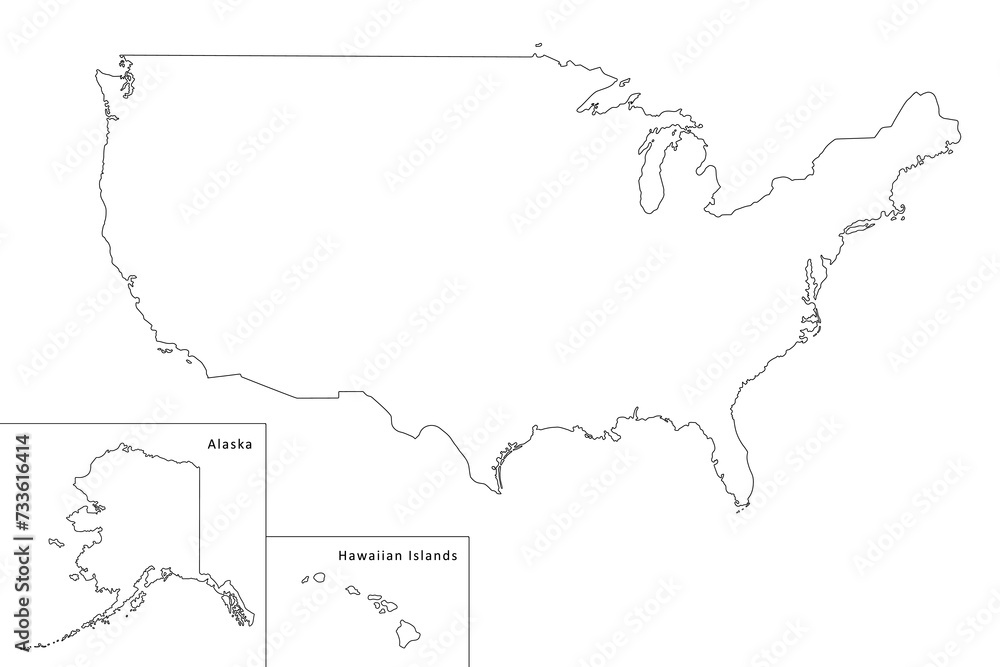 USA border map outline sketch isolated on white. Thin hand drawn black line contour. Vector clipart for banner background design, geographic, travel in America, United States events illustration.