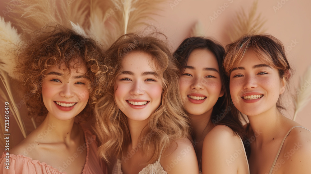 Obraz premium multi-ethnicity woman friends in a studio on a beige background to promote skincare. Portrait, face, and smile with a happy female and friend group indoors 
