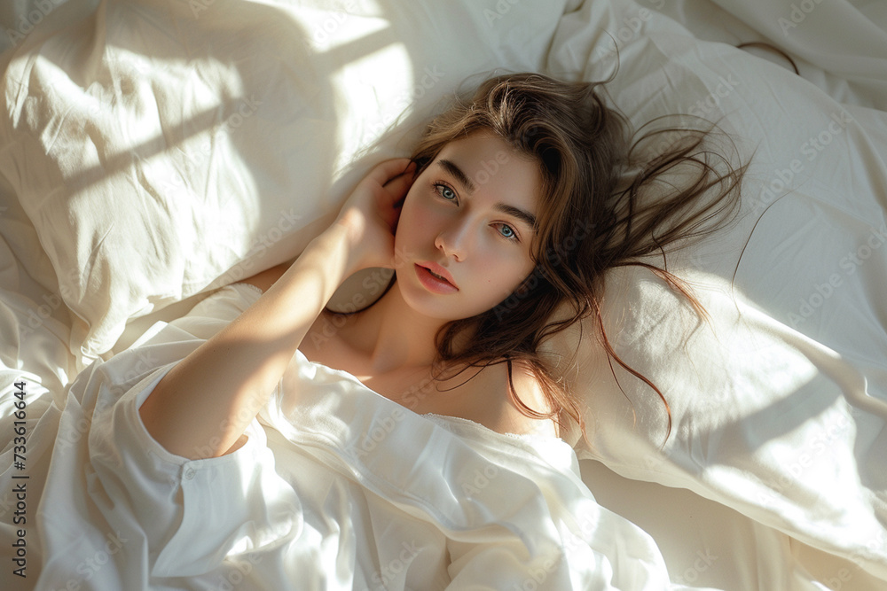 Happy smiling woman stretching on bed in the morning,Happy woman laying on bed Happy smiling woman stretching on bed in the morning,Happy woman laying on bed