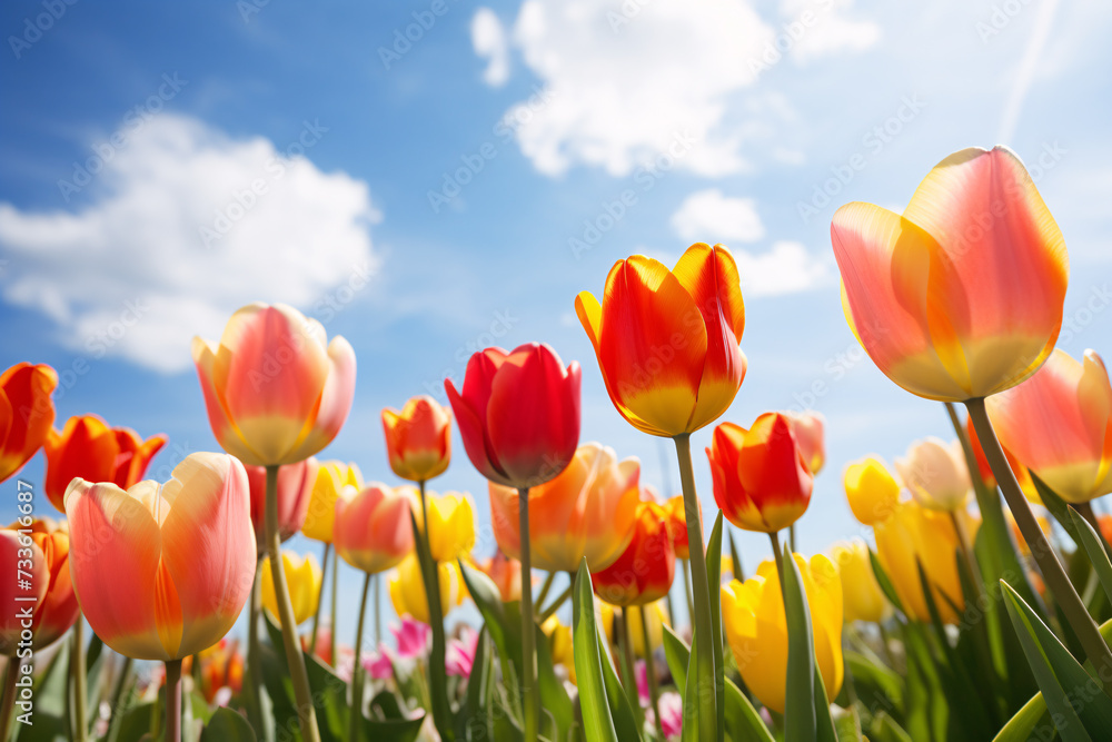 Beautiful colorful spring tulip flowers in full bloom with blue sky in background