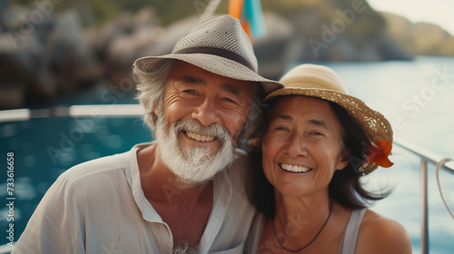 Laughing, happy couple and on a boat for retirement travel, summer freedom, and a holiday in Bali. Smile, love, and a senior man and woman on a yacht for vacation adventure, luxury and a cruise date