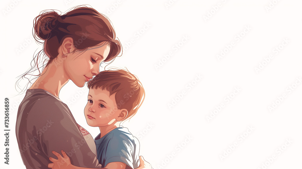 Obraz premium Illustration of a mother with her little son. Concept of mother's day, mother's love