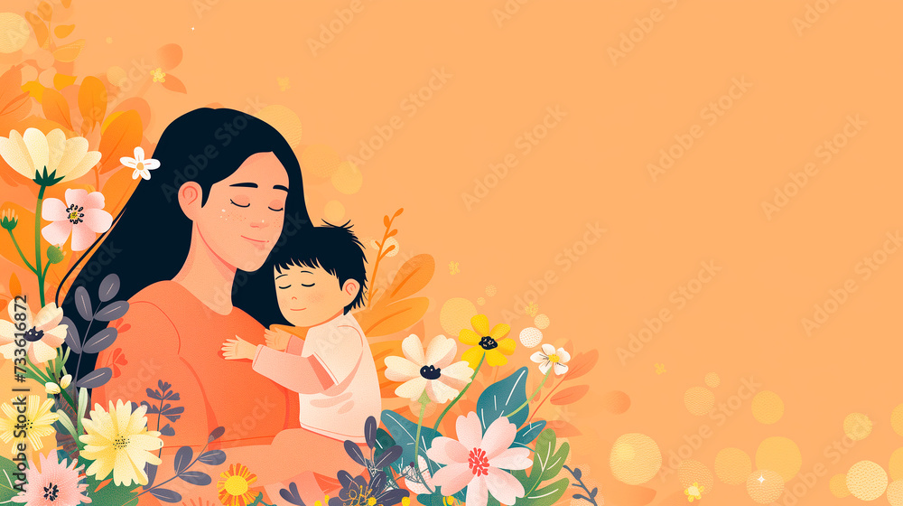 Illustration of a mother with her little son. Concept of mother's day, mother's love Illustration of a mother with her little son. Concept of mother's day, mother's love