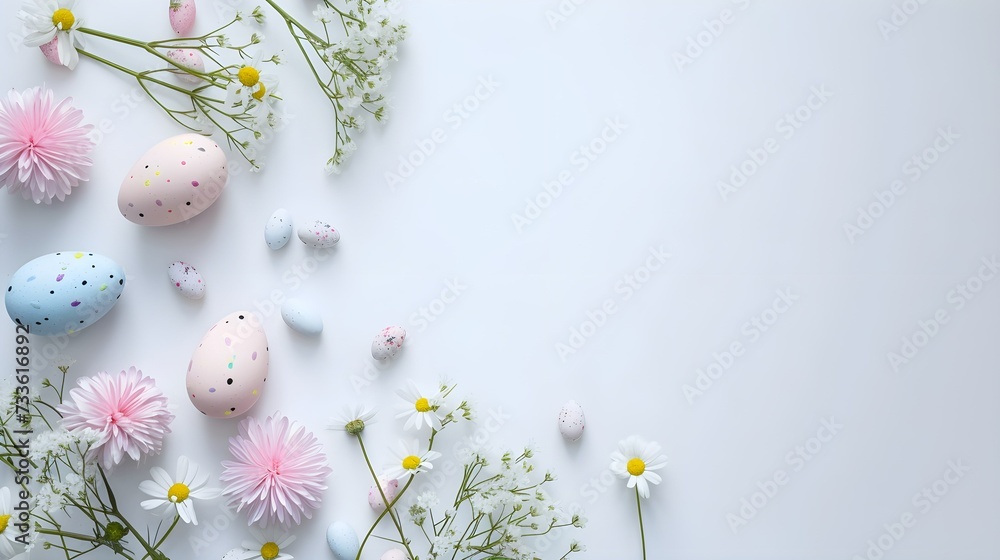 Top view photo of pastel colors easter holiday banner with eggs and sping flowers on white background - obrazy, fototapety, plakaty 