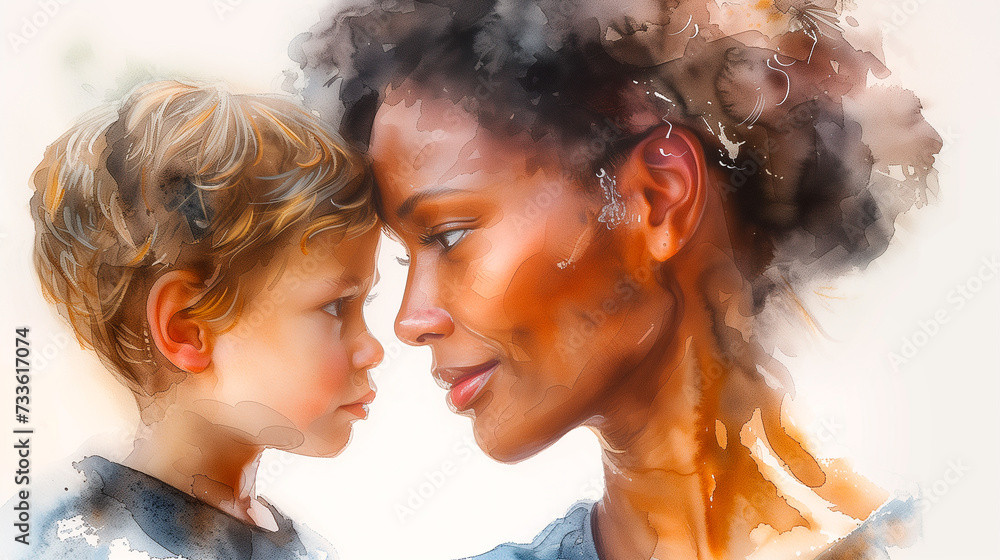 Illustration of an African American mother with her little Caucasian white son