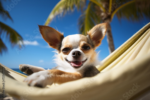 Funny Chihuahua dog relaxing in hammock with tropical beach in background © Firn