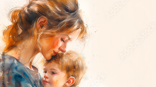 Illustration of a caucasian mother with her little son. Concept of mother's day, mother's love
