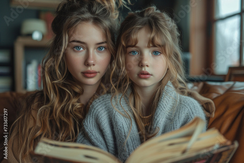 Mother and her daughter reading bible ,family worship or woman studying, reading book or learning God in religion