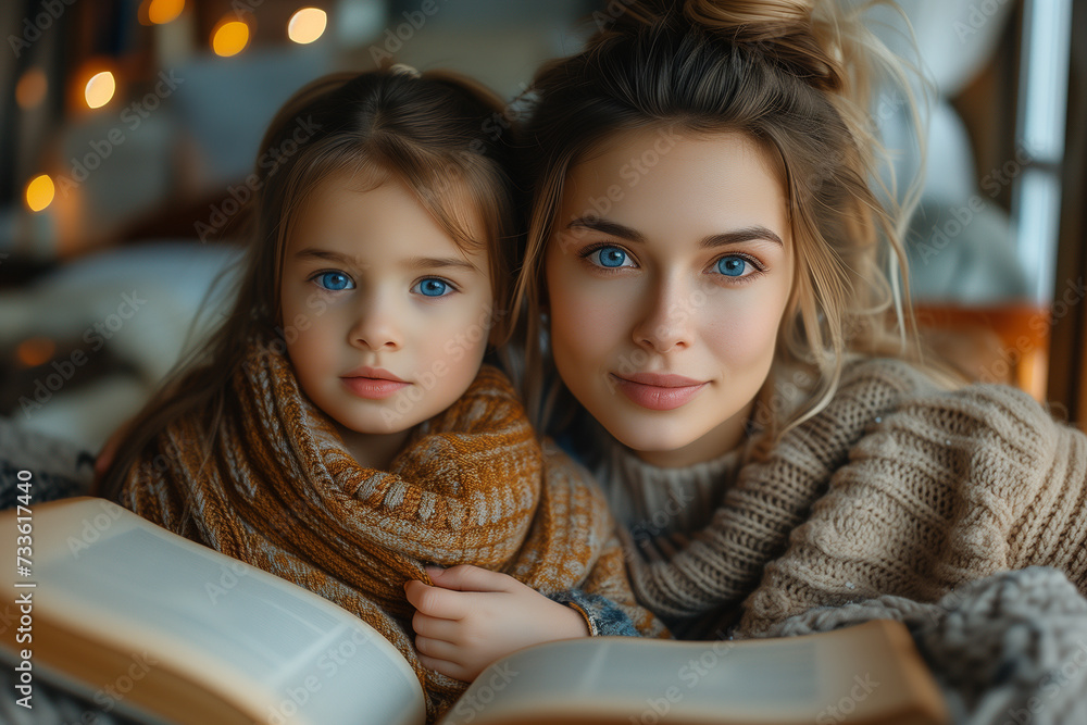 Mother and her daughter reading bible ,family worship or woman studying, reading book or learning God in religion Mother and her daughter reading bible ,family worship or woman studying, reading book or learning God in religion