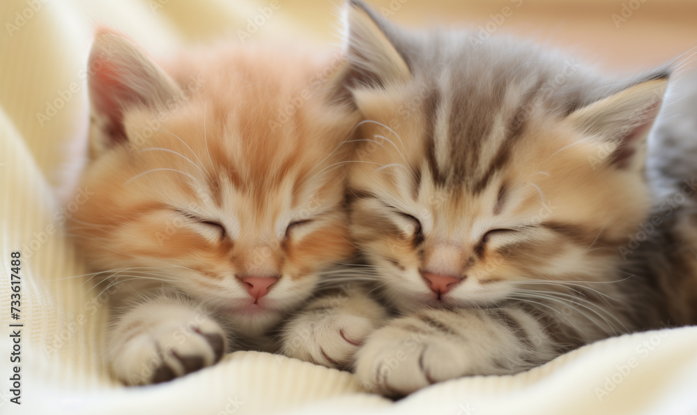 Two small domestic kittens sleeping together at home lying on bed white blanket Two small domestic kittens sleeping together at home lying on bed white blanket