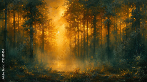 Mystical Greens and Golds: Enchanted Forest Scene