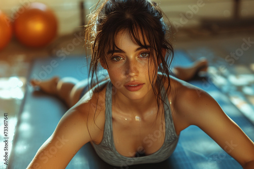 Cheerful girl in gym doing exercise.,Woman exercising in a gym with a clean, bright and cozy background, warm tones. © saravut