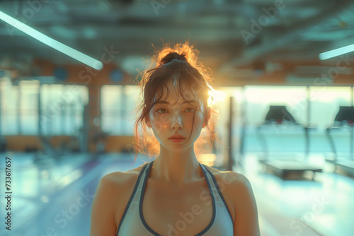 Cheerful girl in gym doing exercise.,Woman exercising in a gym with a clean, bright and cozy background, warm tones.