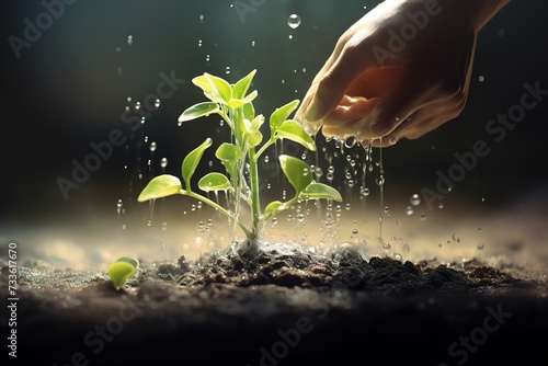 hands watering plant seeds that are growing upwards, caring for plants properly and correctly photo