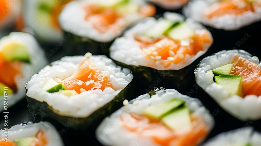 Sushi rolls close up with salmon avocado and cucumber. Creative Banner. Copyspace image Sushi rolls close up with salmon avocado and cucumber. Creative Banner. Copyspace image