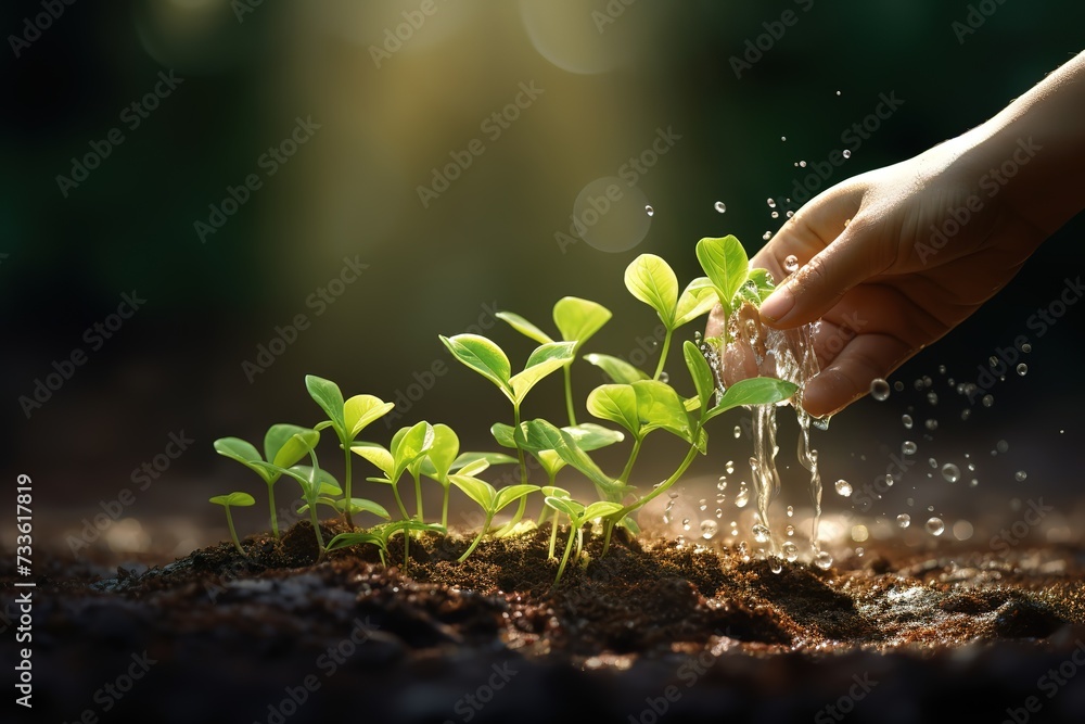 hands watering plant seeds that are growing upwards, caring for plants properly and correctly hands watering plant seeds that are growing upwards, caring for plants properly and correctly