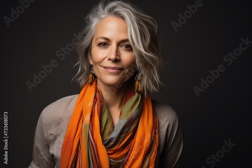 Portrait of a beautiful middle-aged woman with gray hair and orange scarf.