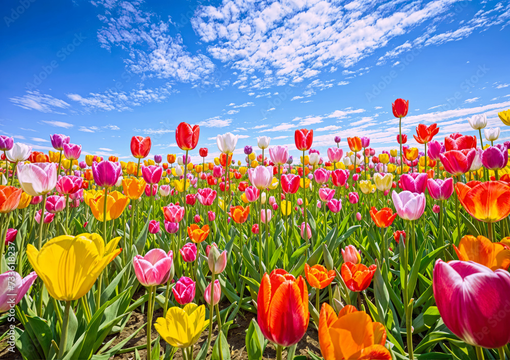 Colorful tulips in a sunny field under blue sky with clouds