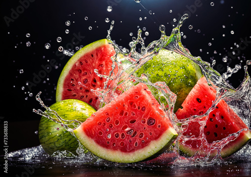 Water splashes on fresh watermelon on black background with copy space