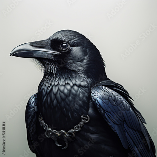 Close up portrait of black raven isolate on a white background. A black crown is sitting,