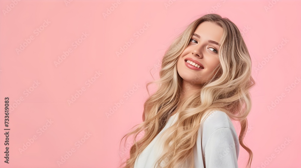 Smiling young woman with blonde long groomed hair isolated on pastel flat background with copy space. Blonde hair care products banner template, hair salon. Smiling young woman with blonde long groomed hair isolated on pastel flat background with copy space. Blonde hair care products banner template, hair salon.