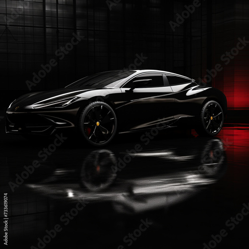 Black sports car. Generic brandless black car with reflection, side view. 