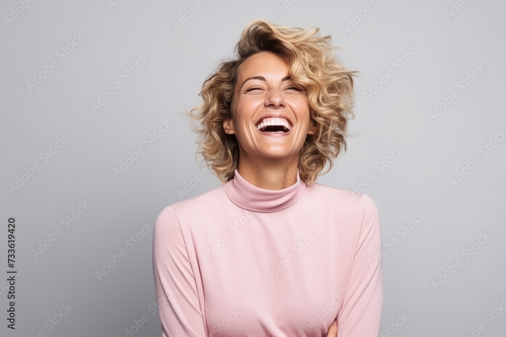 Portrait of a happy young woman laughing and looking up over grey background Portrait of a happy young woman laughing and looking up over grey background