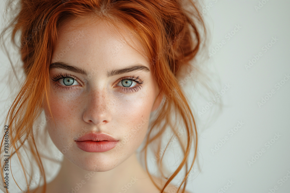 Close up studio shot of beautiful young woman,posing against light wall with positive face expression