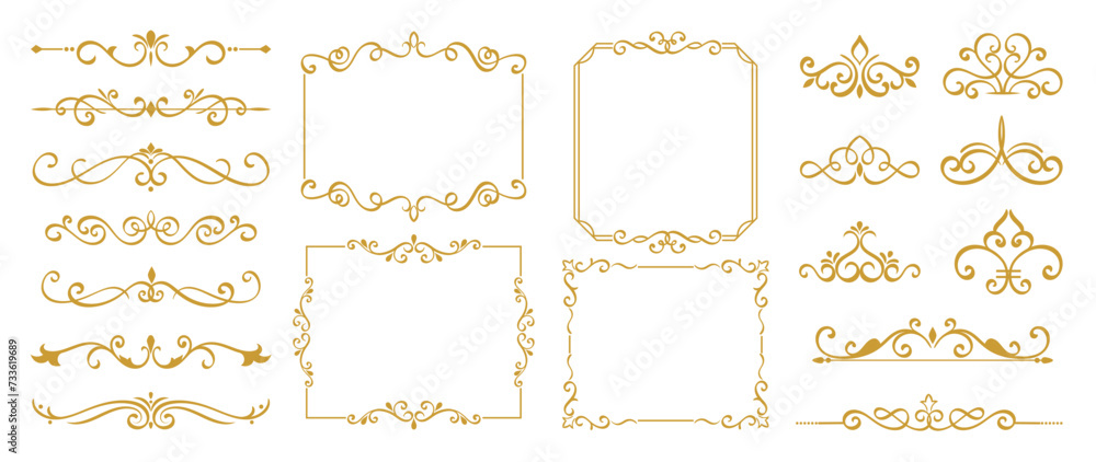 Luxury gold ornate invitation vector set. Collection of ornamental curls, dividers, border, frame, corner, components. Set of elegant design for wedding, menus, certificates, logo design, branding. Luxury gold ornate invitation vector set. Collection of ornamental curls, dividers, border, frame, corner, components. Set of elegant design for wedding, menus, certificates, logo design, branding.